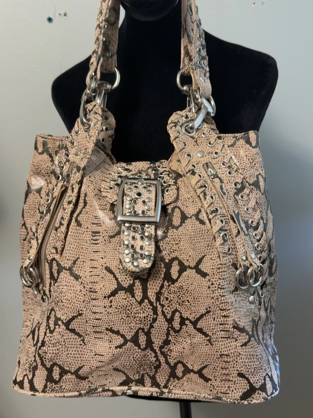 Snake-Print Studded Shoulder Bag in Taupe - Picture 2 of 6